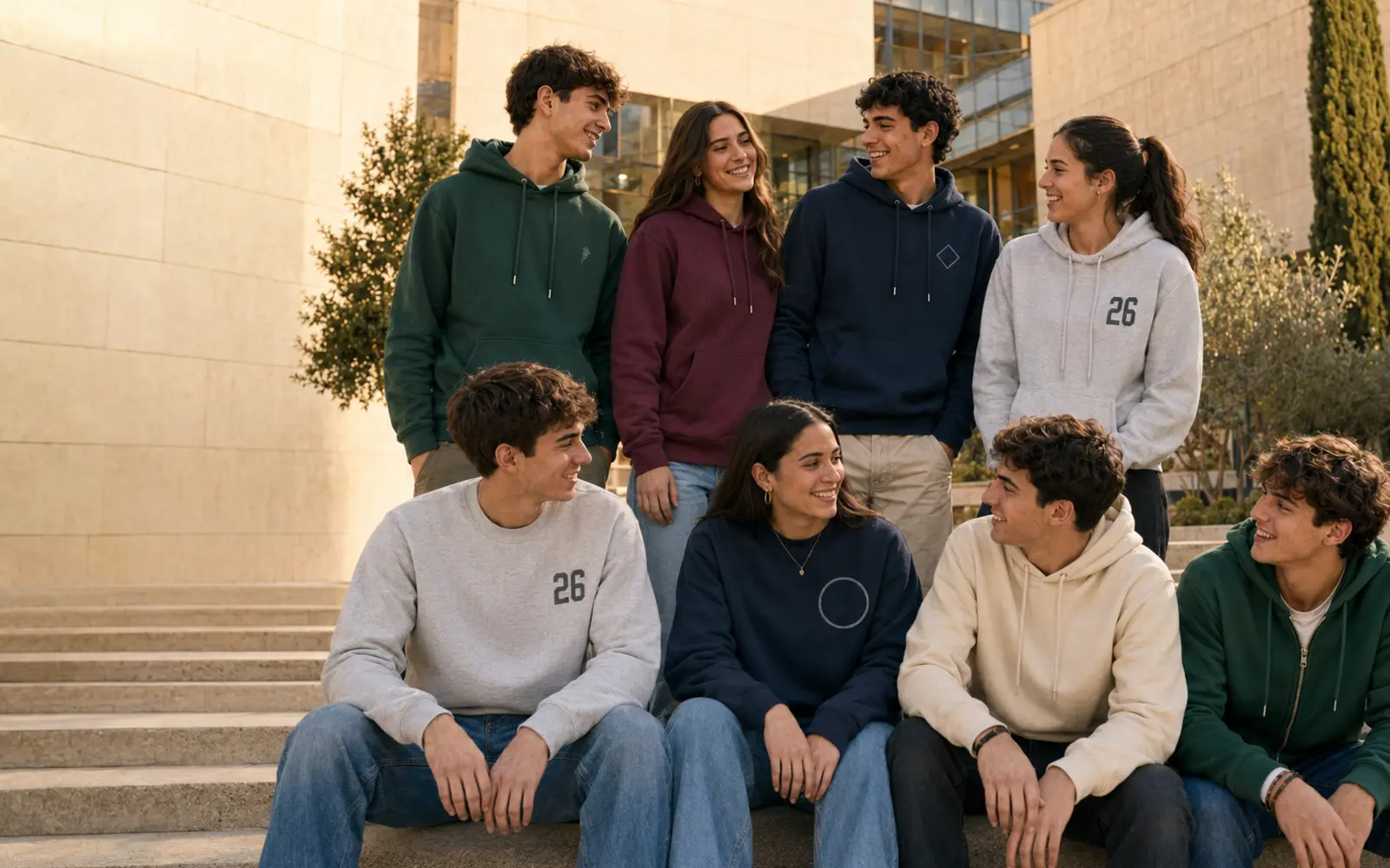 Grupo de estudiantes con sudaderas personalizadas para colegios y promociones de Sevilla