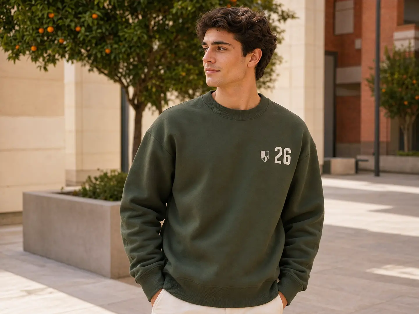 Estudiante con sudadera personalizada sin capucha para colegios de Sevilla